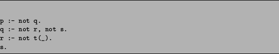 \begin{figure}\figrule
\begin{verbatim}p :- not q.
q :- not r, not s.
r :- not t(_).
s.\end{verbatim}\figrule\end{figure}