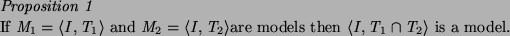 \begin{proposition}
If $M_1 = \langle I,T_1\rangle $\ and $M_2 = \langle I,T_2\r...
...$are models then $\langle I,T_1 \cap T_2\rangle $\ is a model.
\end{proposition}